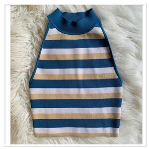 Aritzia Babaton Sculpt Knit Halter Top Striped Blue White Size Small